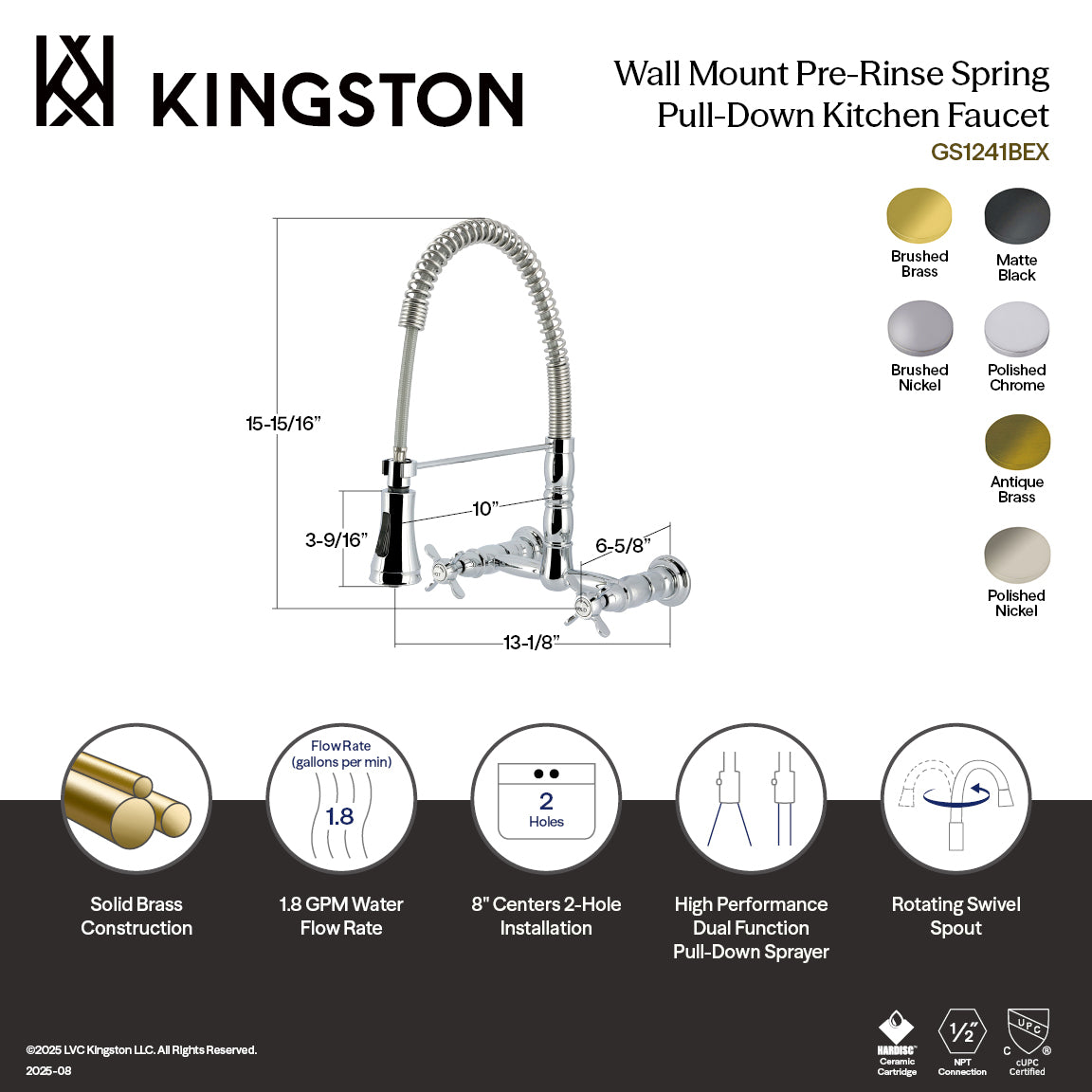 Kingston Tulare GS1248BEX - Essex Double-Handle 2-Hole Wall-Mount Pre-Rinse Bridge Kitchen Faucet, Brushed Nickel — thumbnail 2